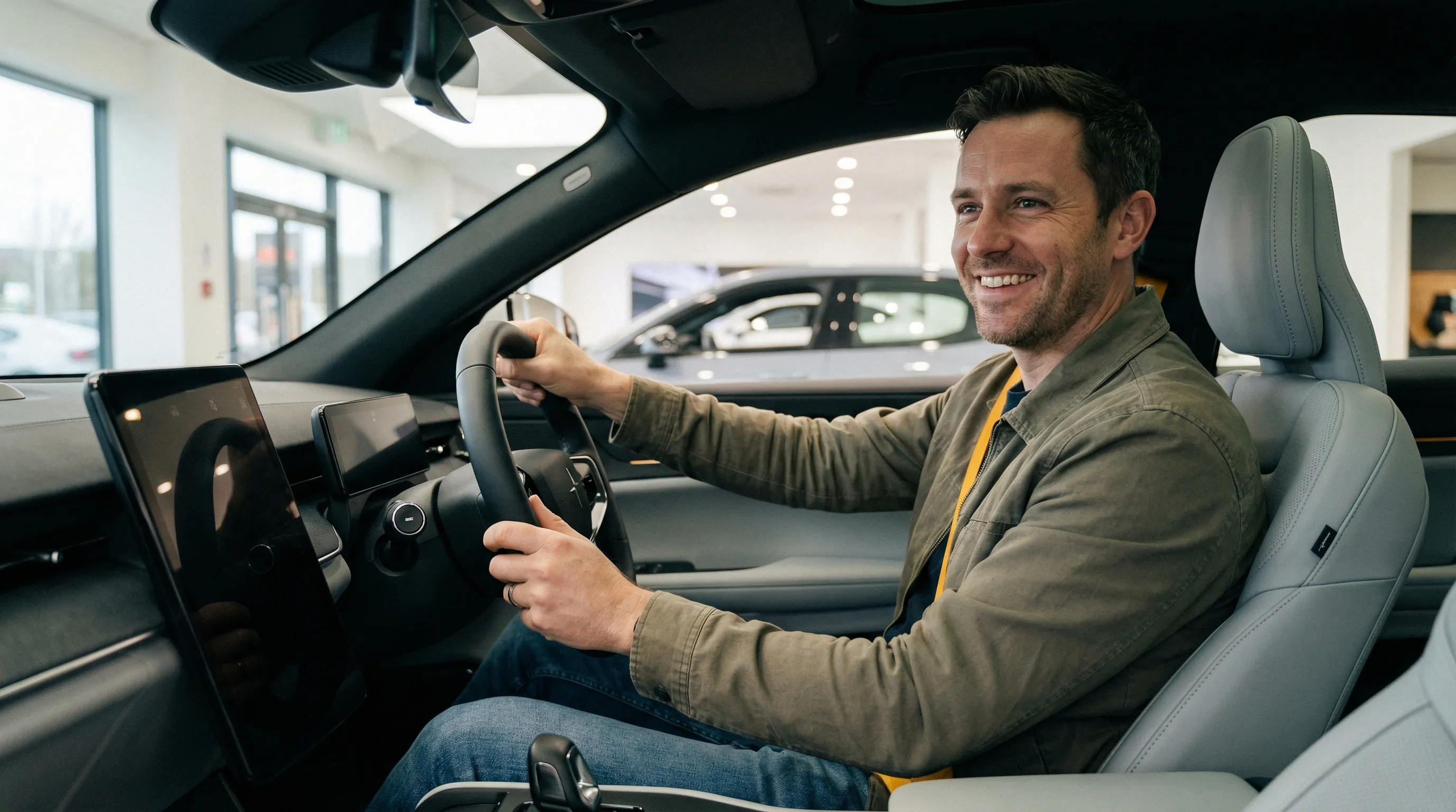Man in new car at dealership