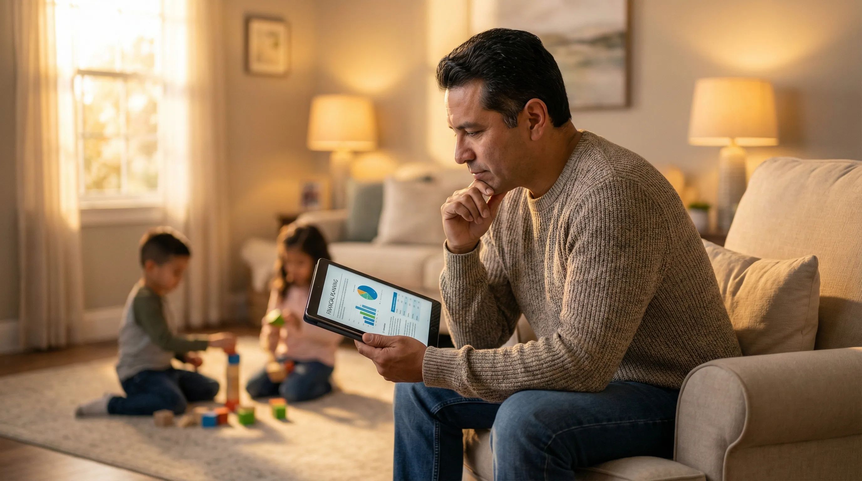 Father learning about finances at home